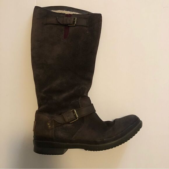 Ugg Thomson dark brown suede leather Moto style boots shearling lined size 6.5 - Picture 3 of 11